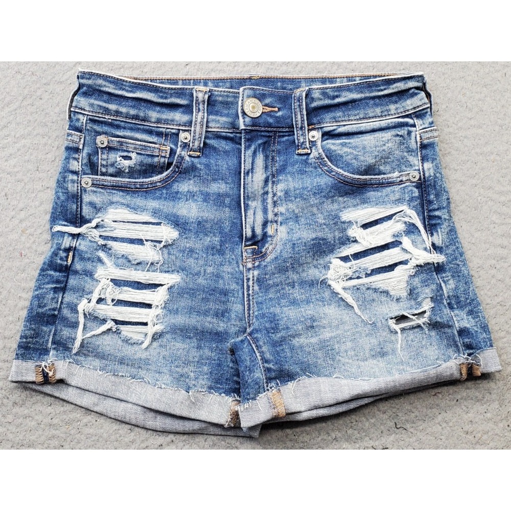 American Eagle Hi-Rise Shortie Denim Shorts Womens 2 Blue Distressed Cuffed